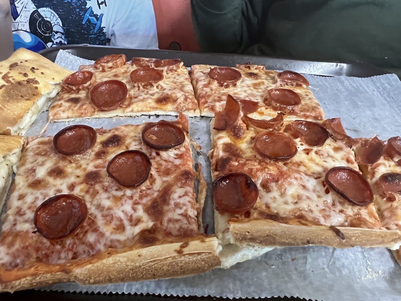 Pepperoni square pizza and pepperoni bread at Tom's Pizza in DeLand
